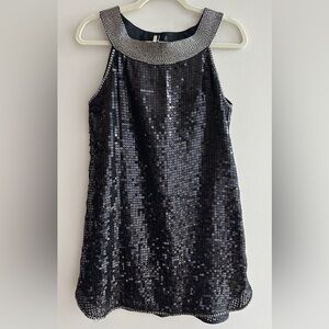Miss Me Beaded Neck Sequin Mini Y2K Cocktail Dress, Black/Silver, Size Medium